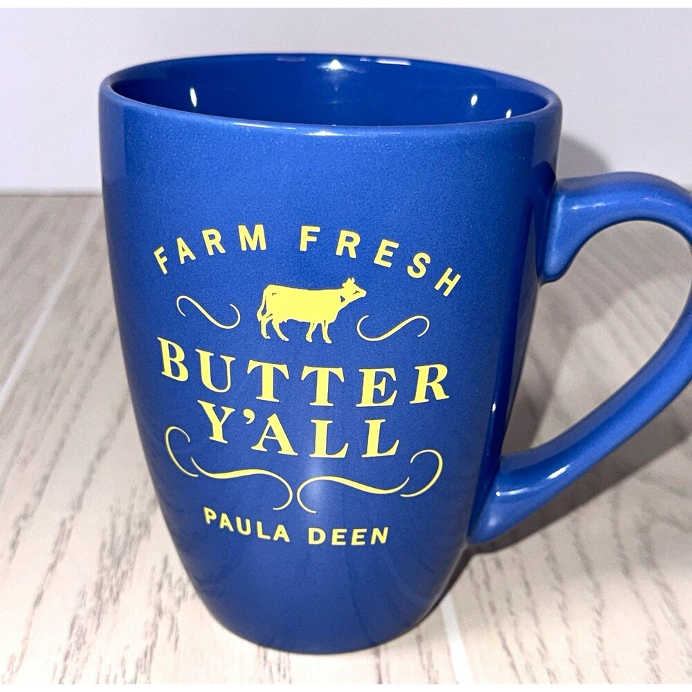 Paula Deen Farm Fresh Butter Y'all Blue/Yellow Ceramic Mug 20 oz MW/DW Safe